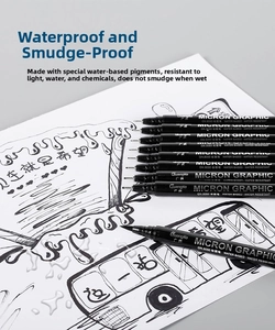 Waterproof fineliner pens displayed on illustration paper to show water resistance