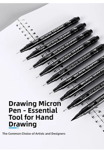 Close-up of waterproof black fineliner pens on a spiral notebook for detailed drawing