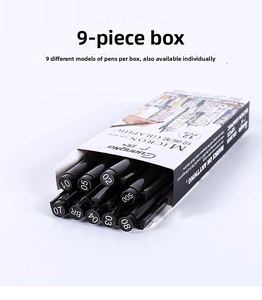 Detail of nine fine-tip waterproof drawing pens with various nib sizes for sketching