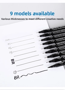 Detail of nine waterproof drawing pens with tip size samples from 005 to BR on white paper