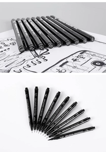 Detail of waterproof drawing pens with multiple nib sizes from 0.05 to brush tip