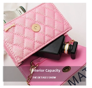 Internal capacity of pink quilted mini bag showing space for perfume and daily essentials