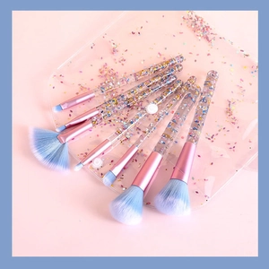7pcs glitter liquid sand handle makeup brush set with blue gradient bristles and PVC pouch