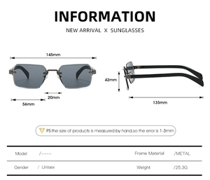 Tableau détaillé des tailles pour lunettes de soleil carrées sans monture avec mesures