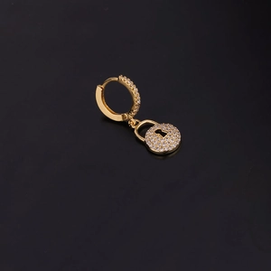 Golden earrings with sparkling zircon round lock pendant and minimalist hoop design