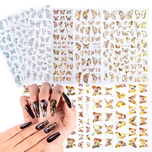 Self-adhesive butterfly nail art stickers with holographic gold and silver laser designs