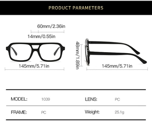 Detailed dimension chart showing frame width 145mm and weight 25.1g for square glasses