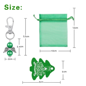 Detailed size specifications for angel wing keychain, organza bag and Christmas tag