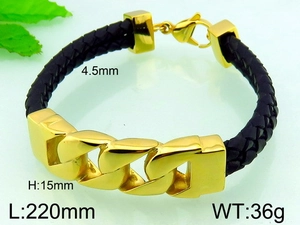 Detail showing dimensions of men's black braided leather bracelet with gold chain link