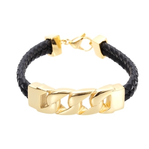 Men's Double Braided Leather Bracelet Gold Titanium Steel Chain Link Punk Fashion Jewelry Wristband