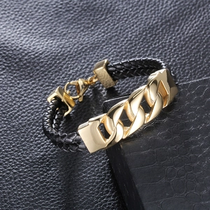 Men's double-layer braided leather bracelet with golden stainless steel Cuban chain links