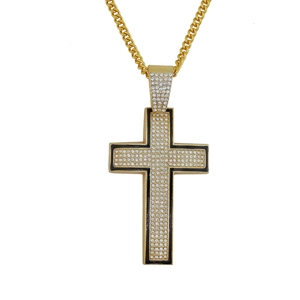 Iced out gold cross pendant with black enamel edge on Cuban link chain for men
