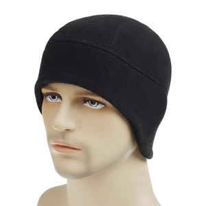 Detail of black fleece cycling cap with ear protection and high-density warm fabric