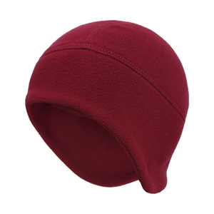 Detail view of deep red fleece cycling cap with ear protection and warm thermal lining