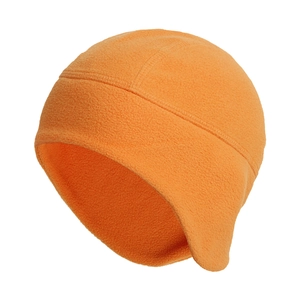 Detail of orange fleece cycling cap featuring warm ear flaps and premium stitching
