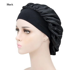 Elastic black satin bonnet for hair care with wide stretch band for sleeping comfort