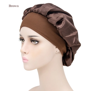 Elastic wide-band satin sleep bonnet for hair protection in deep brown color