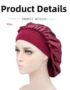 Close-up of wine red satin sleep cap with wide elastic band on a white mannequin head