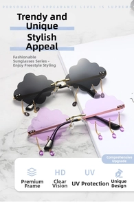 Detail of cloud-shaped rimless sunglasses with gold chains and waterdrop charms
