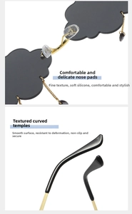 Detail view of cloud-shaped sunglasses with soft silicone nose pads and metal hinges