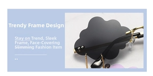 Detail view of cloud-shaped sunglasses with gold frame and decorative metal chain