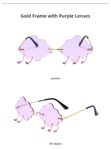 Close-up of cloud-shaped sunglasses with purple lenses and gold fringe water-drop charms