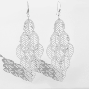 Silver multi-layered hollow leaf tassel earrings with ethnic style ear hooks