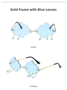 Detail view of cloud-shaped rimless sunglasses with gold temples and blue droplet charms