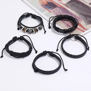 Five-piece set of men's black braided leather bracelets with metal beads and rings