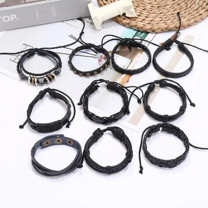 Retro multi-layer woven leather bracelet set for men with metal rivets and charms