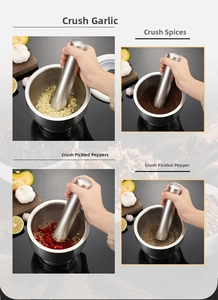 Detailed views of 304 stainless steel mortar and pestle grinding garlic and dry spices