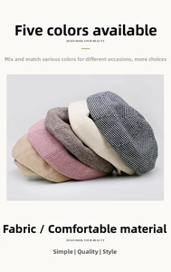 Flat lay of knit beret hats in five colors with thick fabric texture for autumn and winter