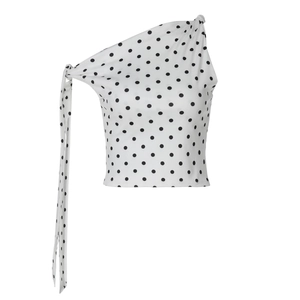 Close-up of slim-fit one-shoulder polka dot top with a long decorative shoulder tie