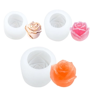 3D rose silicone molds for DIY candles and ice balls, showcasing three floral sizes