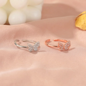 Elegant adjustable butterfly rings with sparkling zircon inlay in silver and rose gold