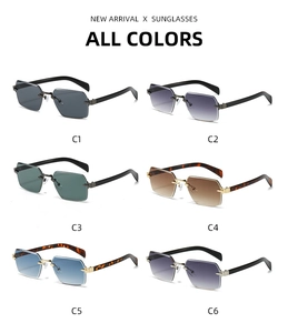 Détails de lunettes de soleil carrées sans monture avec verres colorés et branches variées