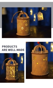 Detail of hollow carved wooden Christmas lanterns with LED lights and festive hanging ropes