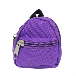 Mini purple canvas backpack keychain and coin purse with silver zippers on white background