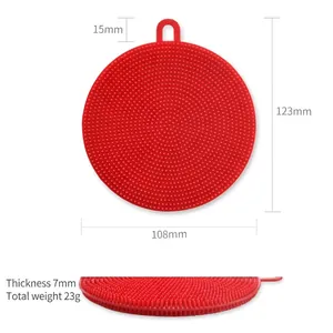 Red silicone dish brush with 108mm diameter and 123mm height dimensions on white background
