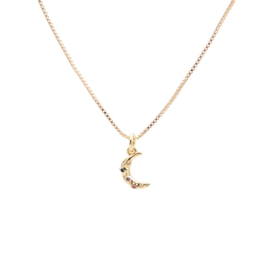 Gold box chain necklace with crescent moon pendant featuring multi-color micro zircon stones