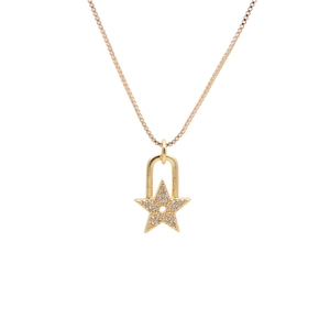 Golden micro-paved zircon star pendant necklace with U-lock clasp on box chain