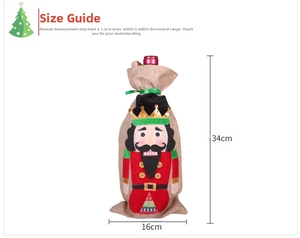 Detailed size chart showing 34x16cm dimensions for Nutcracker burlap wine bottle cover