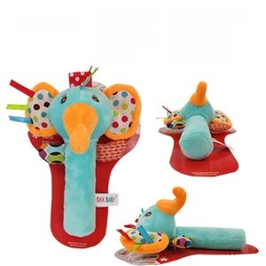 Blue elephant baby rattle toy with plush texture and 16x3.5cm dimension details