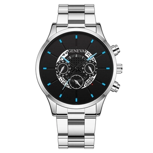 Business style GENEVA quartz watch for men featuring a silver steel band and black dial