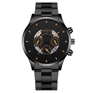 Herren Business-Armbanduhr aus schwarzem Stahl mit goldenen Indizes und Quarzwerk