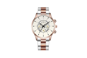 Close-up of Geneva men's watch with rose gold silver steel strap and white dial detail