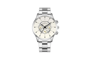 Close-up of Geneva men's business watch with silver steel band and triple-dial face
