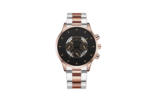 Detail showing two-tone silver and rose gold steel watch band with black dial