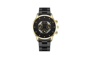 Macro detail of the Geneva black and gold business watch face with date display window