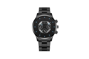 Detail of all-black Geneva men business watch with blue indexes and decorative sub-dials